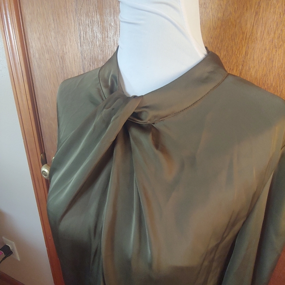 NWT Grace Karin Olive Green Satin Silk Twist Mock Long Sleeve Blouse Shirt L - Picture 5 of 11